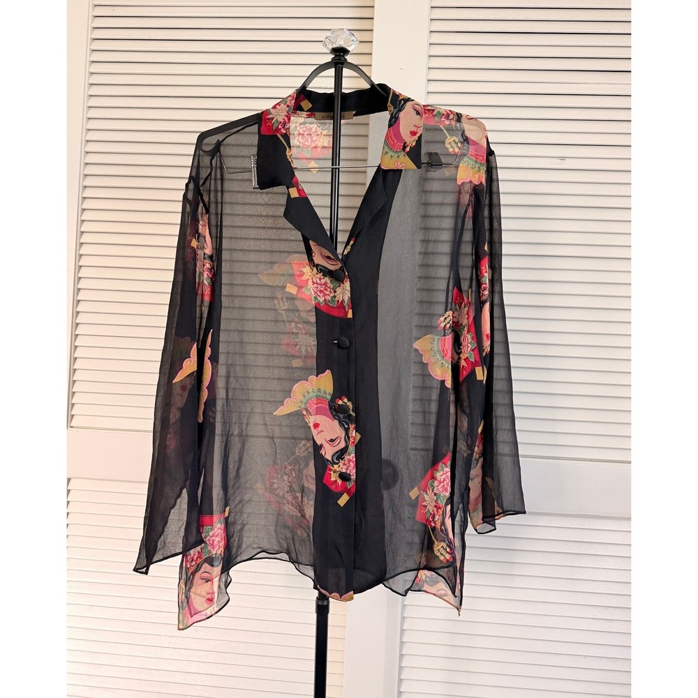 Harari Sheer Geisha Floral Print Button Up Blouse Black Oversized Top